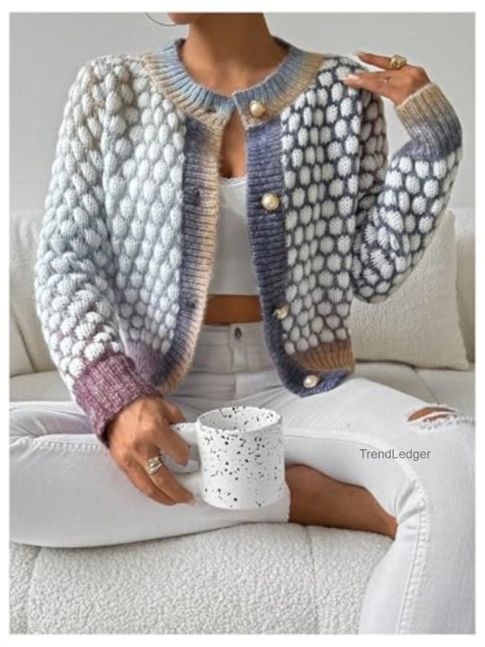 Women's Button Up Cropped Cardigan Tweed Pearl Knitwear